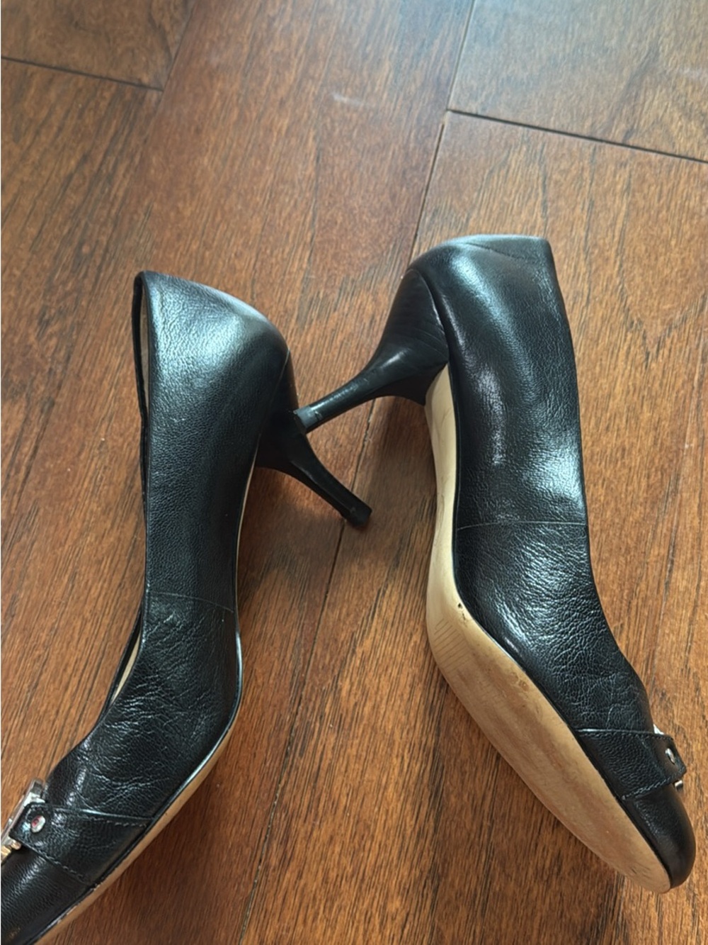 Michael Kors Black Leather Logo Round-Toe Heels - Picture 2 of 4
